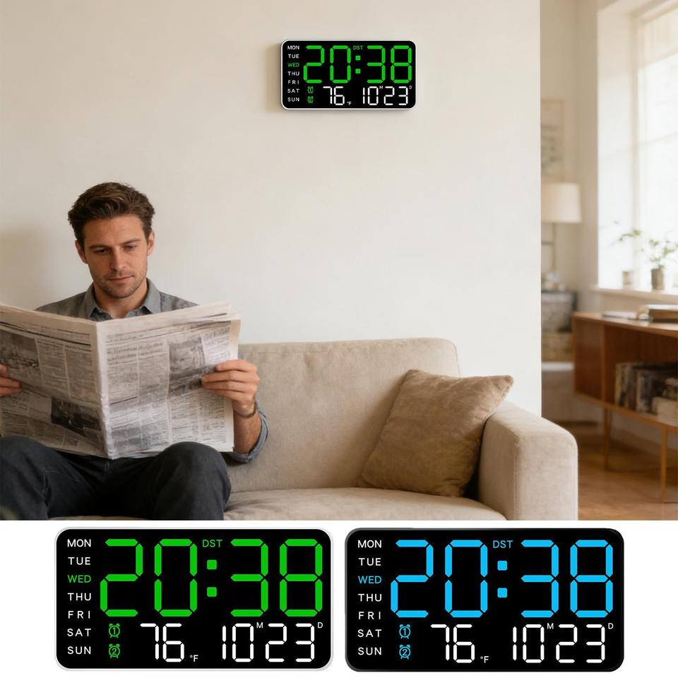 Digital Wall Clock Led Multifunctional Large Temperature Display Decor with Date LED Wall Clock for Bedroom Living Room Office