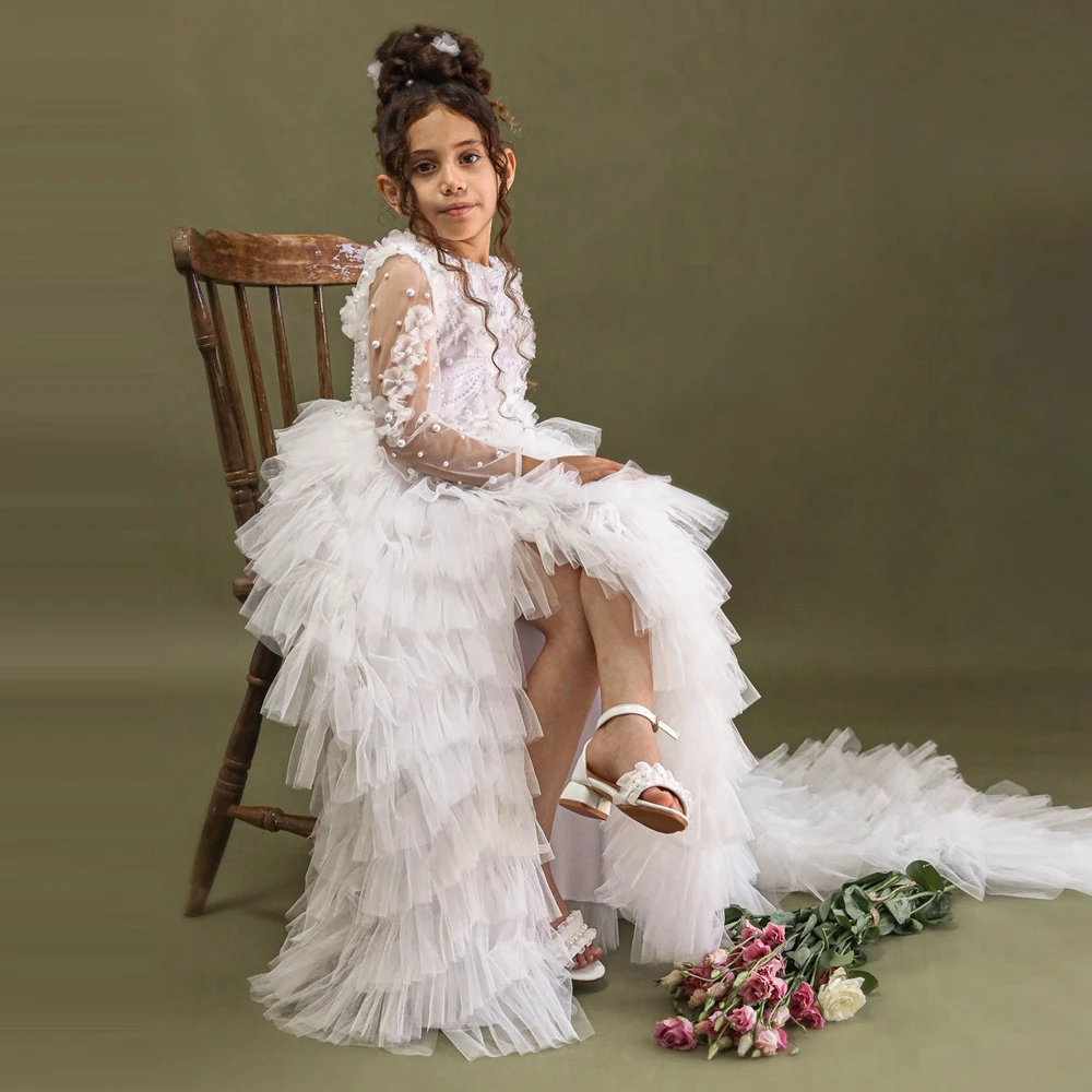 

Girls White Tulle Flower Girl Brithday Dress Long Sleeve Pearls Beaded Wedding Party Gown Puffy Ruffles Mesh Kids Formal Dresses