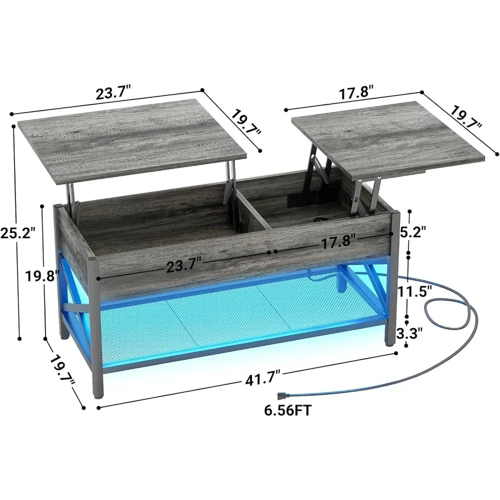 Mesa de centro com luz LED e tomada de energia, mesa elevatória moderna com prateleira de armazenamento, mesa elevatória, estrutura de metal, mesas de café