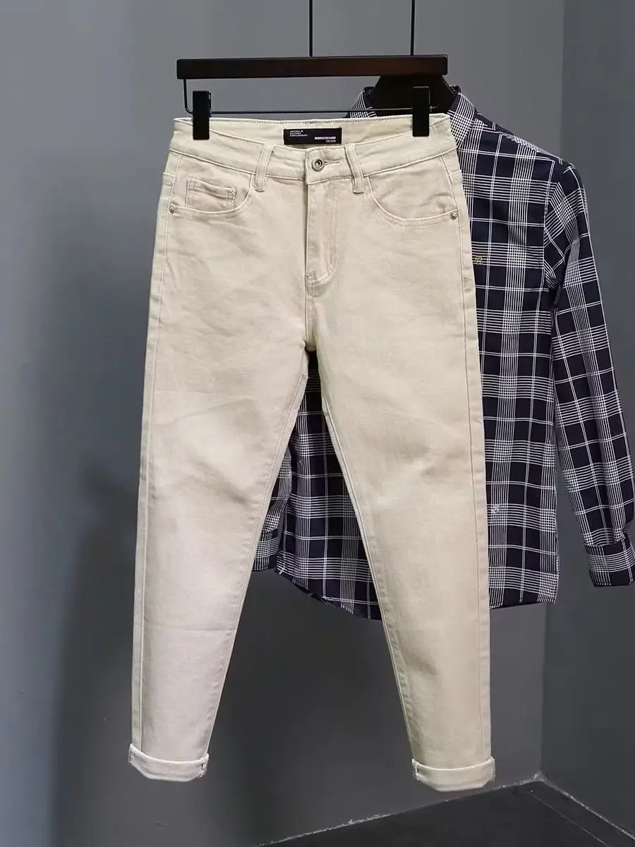 

Мужские джинсы Slim Fit цвета хаки, весна-осень, повседневные, укороченные (9/10 длины), простые, с высокой талией, молодежные, удлиненные брюки