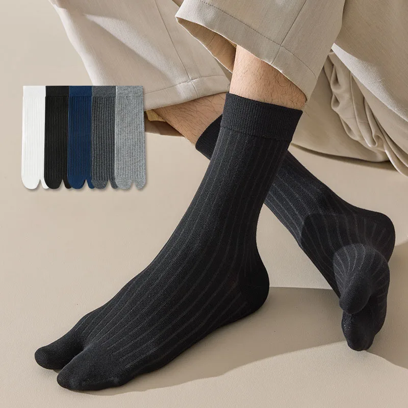 Casual Vertical Striped Middle Tube 2 Toe Socks For Men Solid Color Thumb Split Toe Socks Spring Autumn Elastic Two Toes Socks