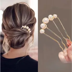 Fashion U-shaped Hair Pin with Rhinestone and Faux Pearls, Zinc Alloy Hair Comb for Parties, Holiday and Daily Use for Girls