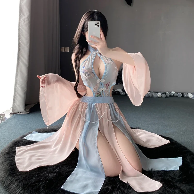 Sexy Lingerie Pajamas Chinese Skirt Hot Temptation Costumes Pure Desire Perspective Ancient Retro Hanfu Dress Women's Qipao Set