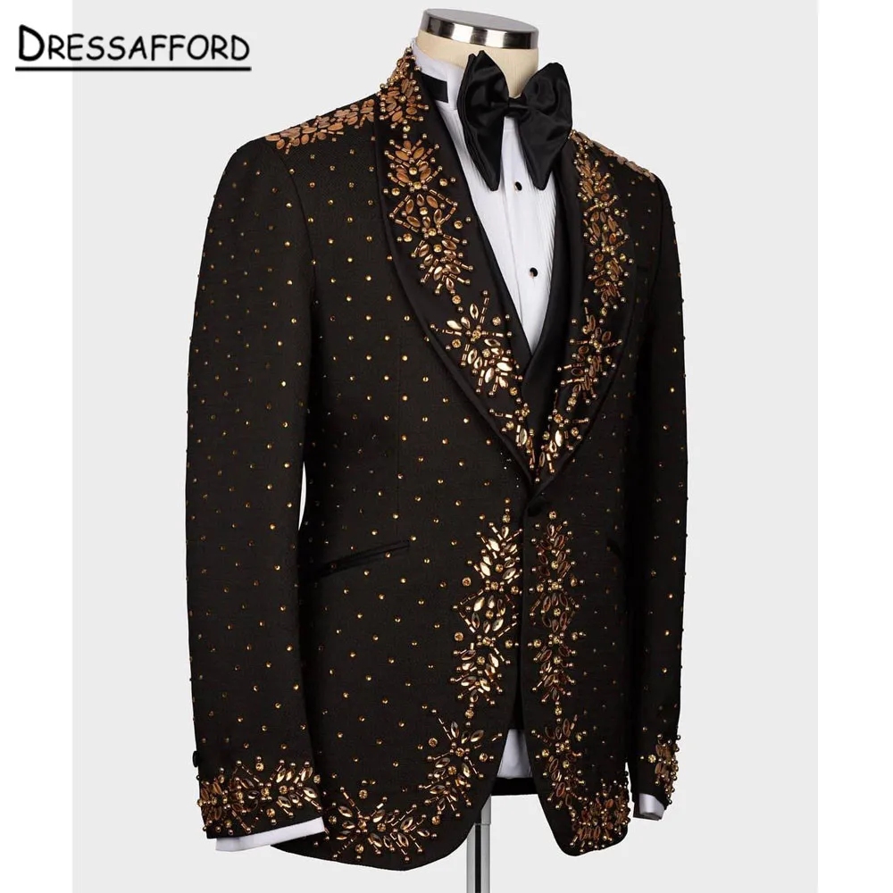 Set di abiti da uomo in tinta unita nero con perline dorate in cristallo, abiti da sposo per banchetti nuziali, pantaloni classici da giacca maschile 2 pezzi