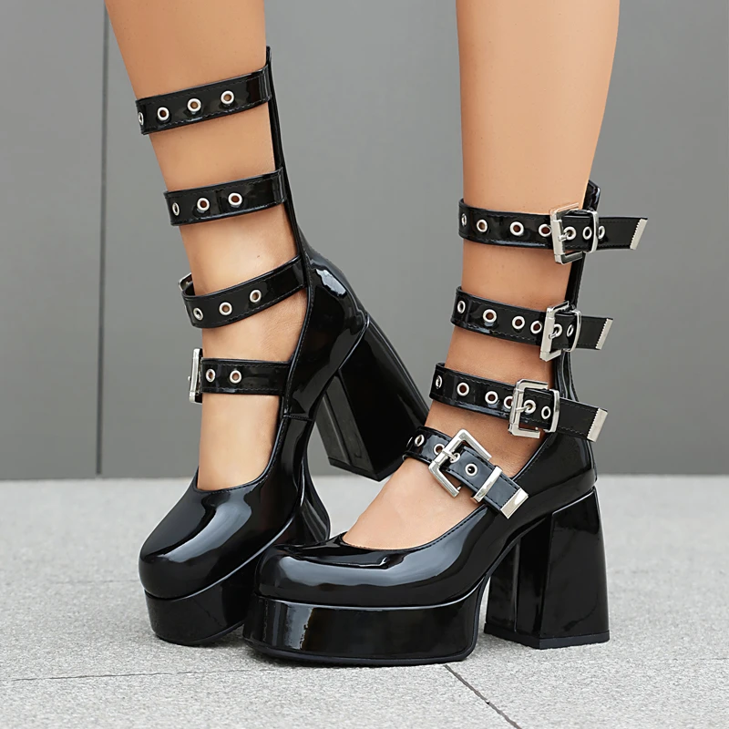 Black Thick Sole Gothic Belt Buckle Gladiator Shoes Women Patent Leather Square Toe Platform Boots Chunky High Heels Punk Pumps