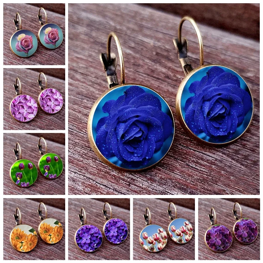 2024 French Fashion Blue Rose Purple Lilac Earrings Sunflower Stud Earrings Tulip Earrings Flower Glass Cabochon Dangle Earring