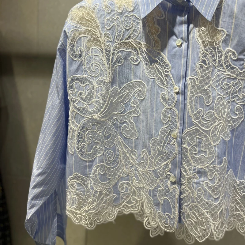 High Quality 2023 Spring Summer Casual See Through Embroidery Blue Striped Long Sleeve Short and Blouse Shirts Tops