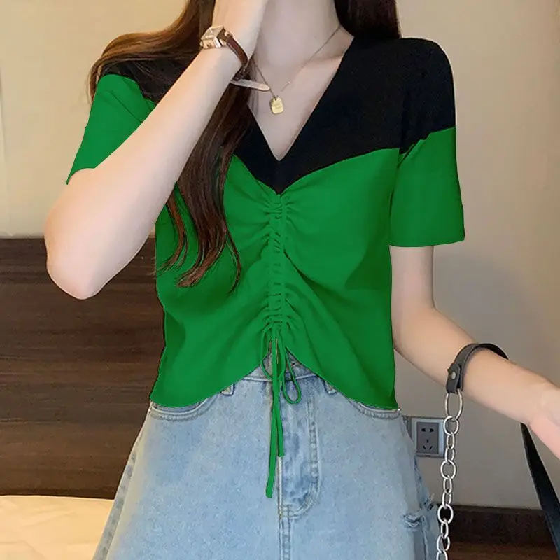 Color Block V Neck Short Sleeve T Shirt Women Slim Fit Casual Top with Front Shirring Detail Summer Wear