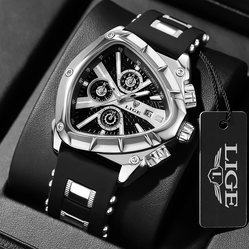 LIGE Men Watch Luxury Business Quartz Watches Silicone Strap Sport Chronograph Men\'s Wristwatch Waterproof Luminous Triangle  sh