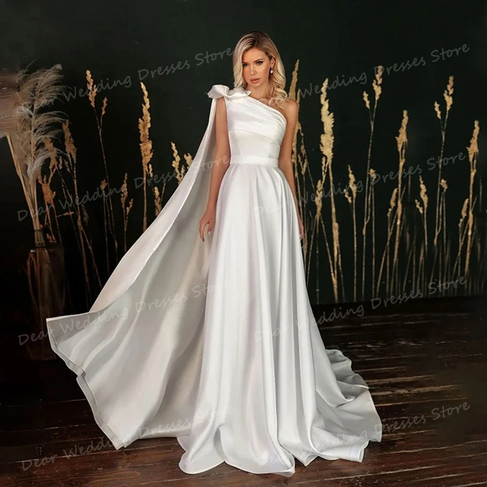 Simple Shawl Sexy Satin Wedding Dresses Formal Women's Backless One Shoulder Sweep Train For Bridal Gowns Elegant Robe De Soirée