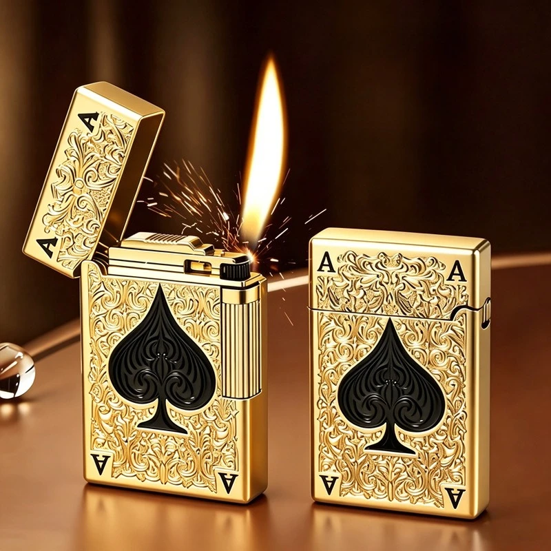 

Metal Side Sliding Granding Wheel Inflation Soft Flame Impact Butane Lighter Ping Sound Lucky Poker Cigarette Lighter Smoking