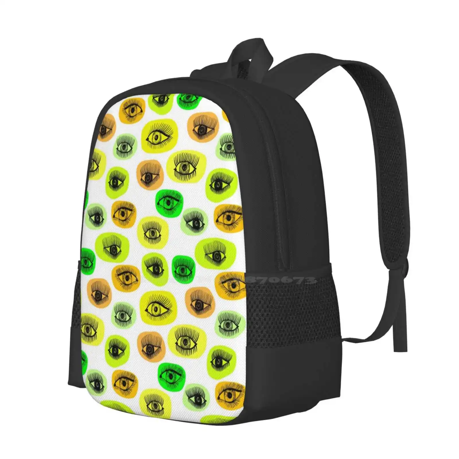 Eyes Motive Teen College Student Backpack Pattern Design Bags Chaotic Wallpaper Green White Ornament Collage Line Yellow Vector