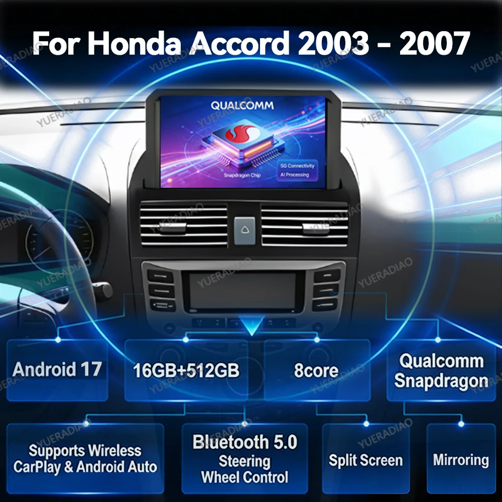 Radio para Auto Android 17 para Honda Accord 7 2002 2003 - 2007, Radio para Auto con Bluetooth, Reproductor Multimedia de DVD, Estéreo, Reproductor de Video 2DIN FM BT