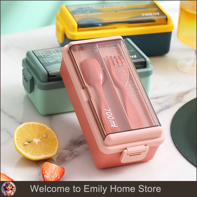 Portable Lunch Box For Kids With Fork and Spoon Plastic Double Layer Microwave Bento Boxes Dinnerware Set Food Storage Container
