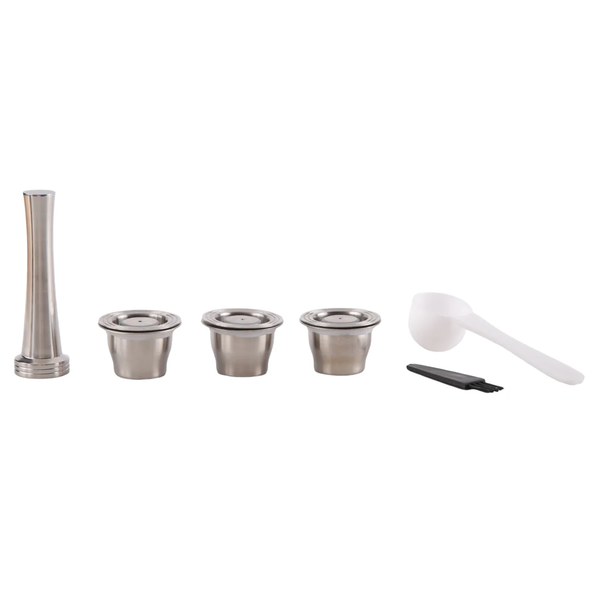 

Capsules Reusable, Stainless Steel, 3 Pieces Refillable Pads for Nespresso + 1 Tamper + 1 Spoon + 1 Brush