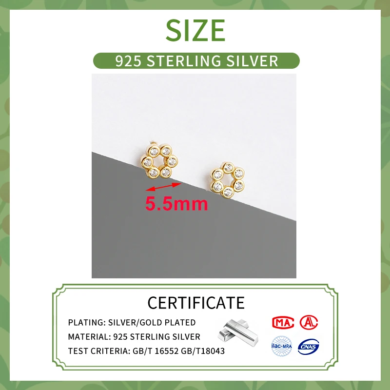 INZATT Real 925 Sterling Silver Zircon Round 14K Gold Stud Earrings For Women Classic Fine Jewelry Geometric Accessories