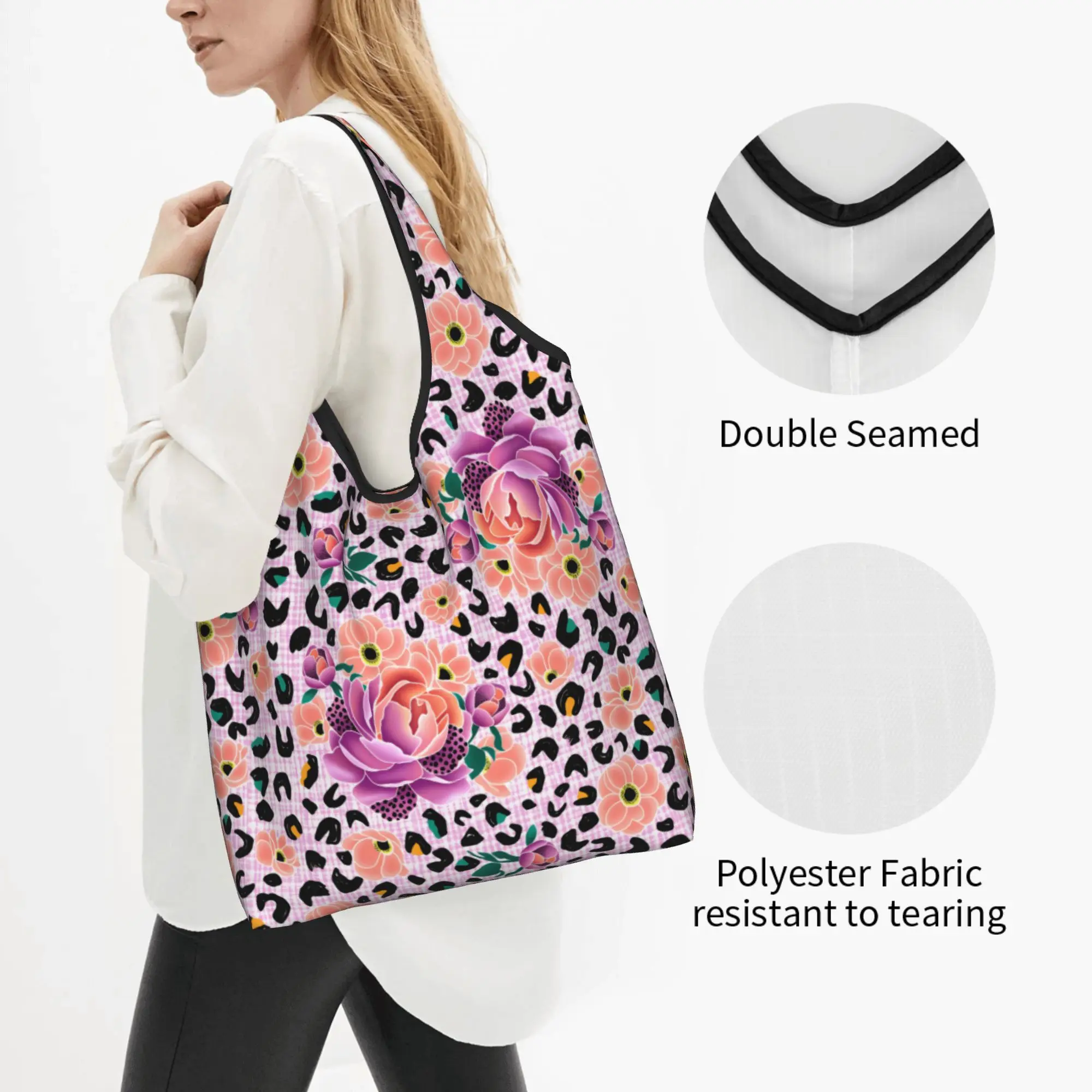 Fashion Floral and Leopard  Shopping Tote Bags Portable Wild Bloom Peach and Magenta  Groceries Shoulder Shopper Bag