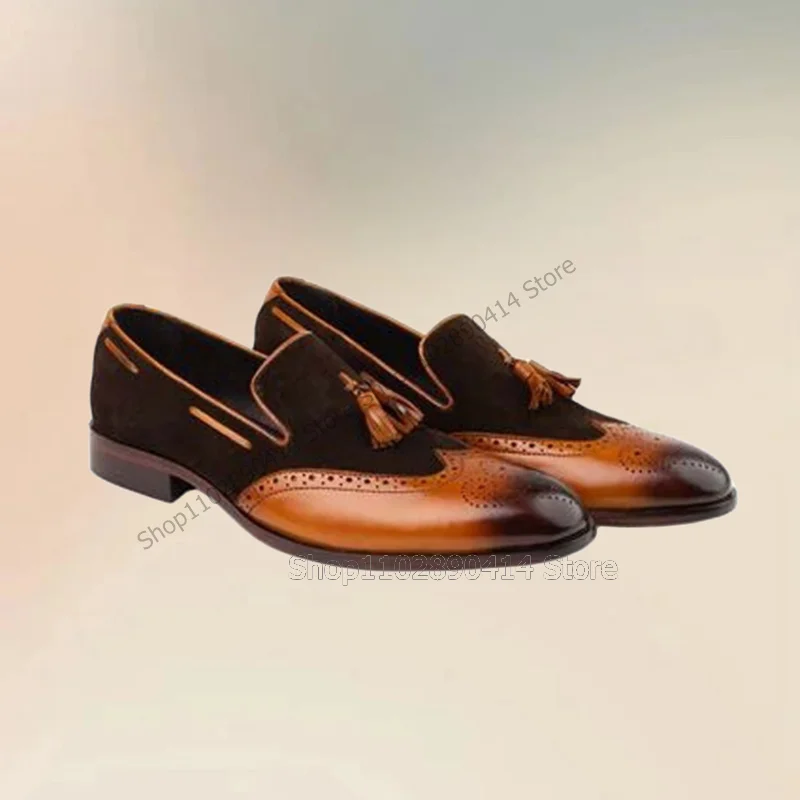 Brown Patchwork Carving Design Tassels Decor Men Shoes Fashion Slip On Male Shoes Luxury Handmade Party Banquet Men Casual Shoes