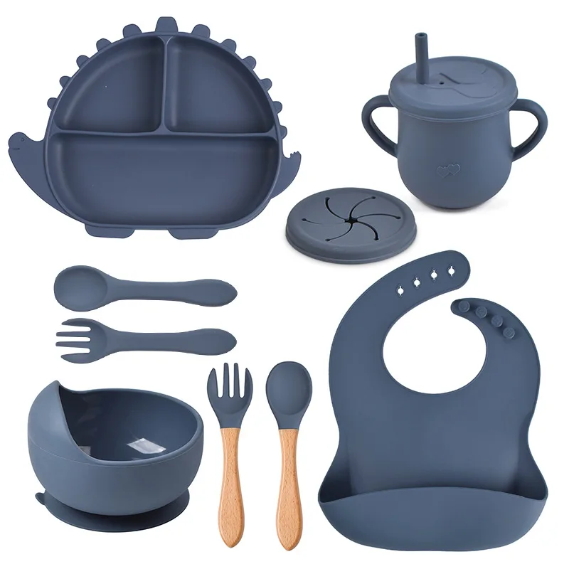 Silicone Baby Feeding Set Divided Plate Bowl Bib Cup Spoon Fork Food Grade Tableware for Infant Self Feeding