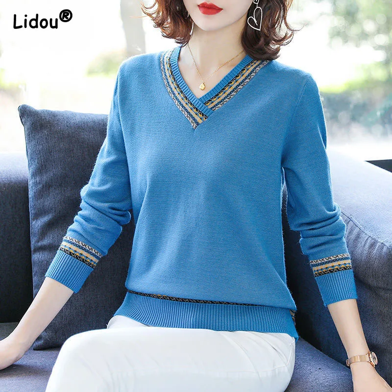 Vintage Bright Colors V-Neck Autumn Winter Pullovers Acrylic Slight Strech Slim Appliques Solid Women's Clothing Hot Selling