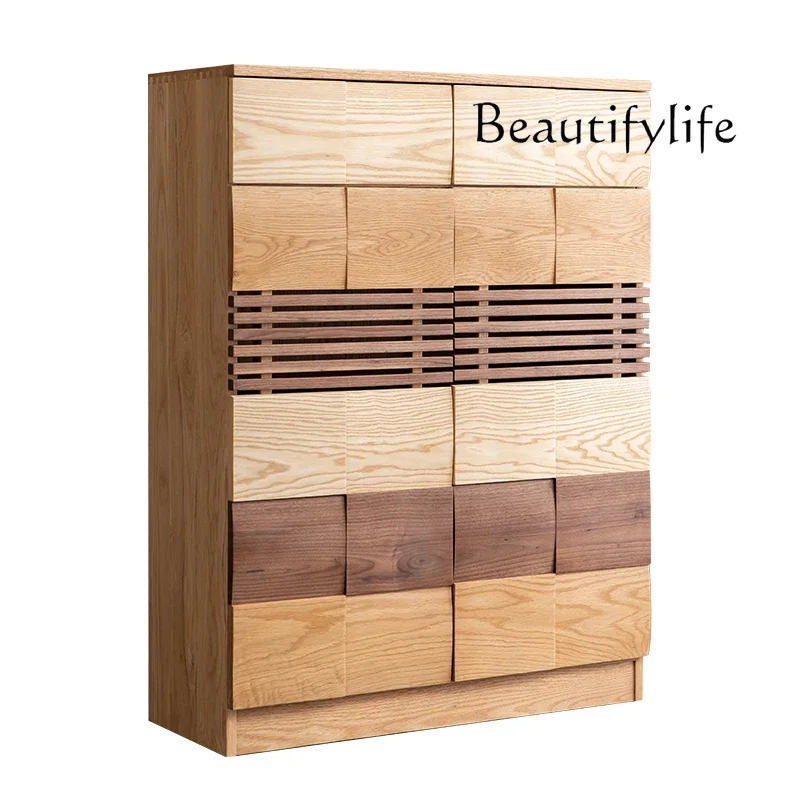 

Japanese-Style Plaid Solid Wood Shoe Cabinet Living Room Hallway Cabinet Black Walnut Oak Shoe Rack Household Storage Cabinet