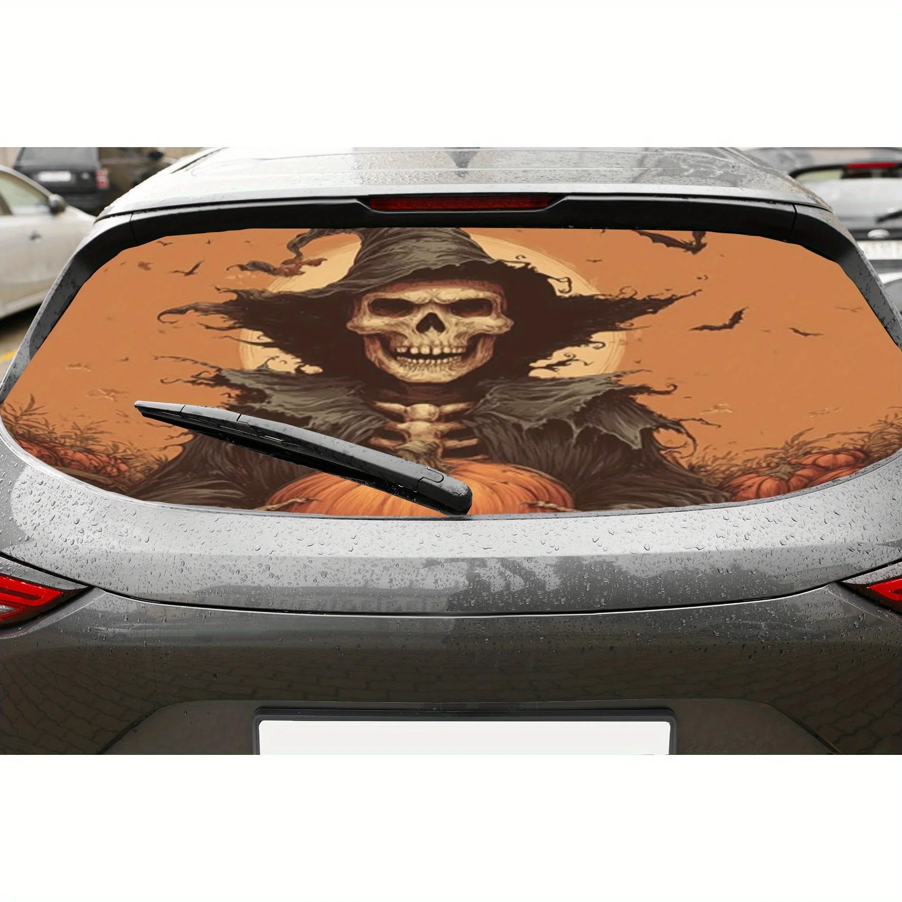 A skeleton holding a pumpkin PVC material self-adhesive waterproof car rear window sticker, easy to paste without falling off, w
