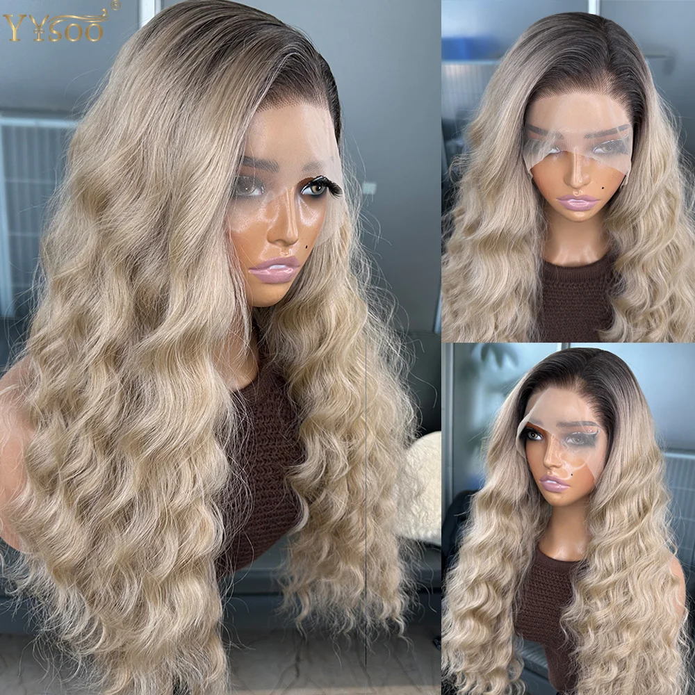 

Long Two Tone Ombre Wavy Wig Pre Plucked Hairline Heat Resistant Women Wig Dark Roots 13X6 Futura Hair Synthetic Lace Front Wig