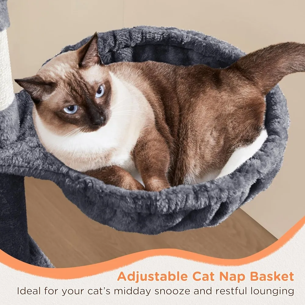 57in Multi-Level Cat Tree Tower with Extended Platform, Padded Perch, Scratching Posts & Ball for Large Cats