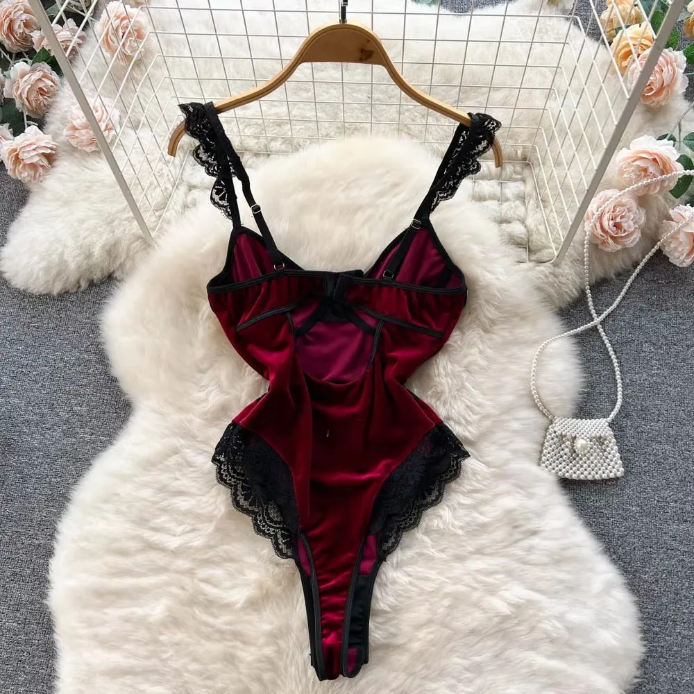 Women Red Velvet Lace Bodysuit Spaghetti Strap Underwire Push Up Mesh Patchwork Eyelet Corset Shapewear Lingerie Jumpsuit