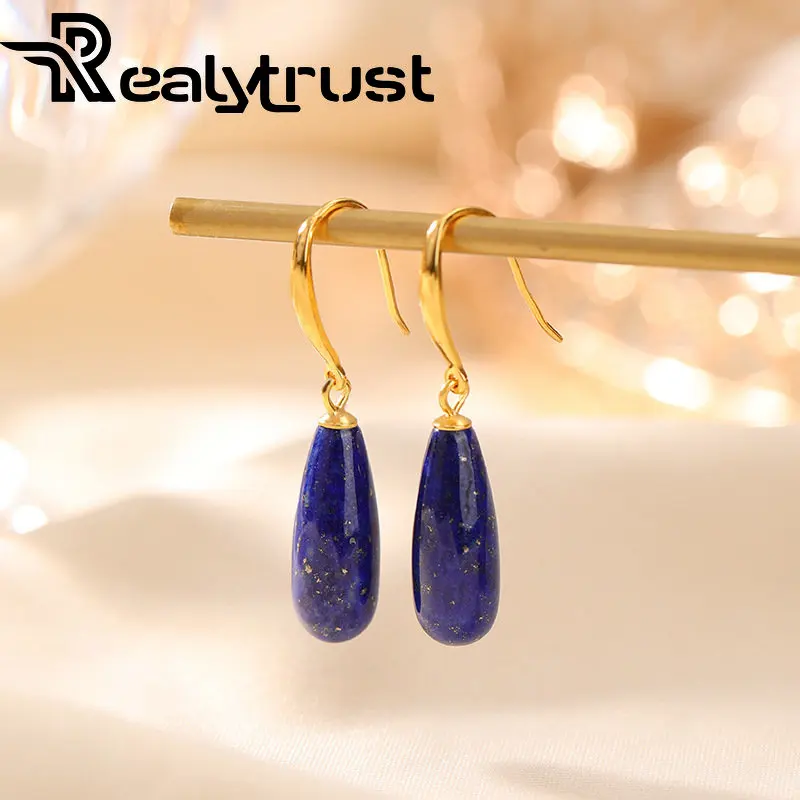 

Vintage Lapis Stone Drop Earrings for Women 925 Sterling Silver Natural Lazurite Gemstone Dangle Earrings Plated 18K Gold Gift