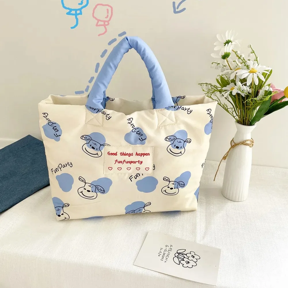

Cartoon Dog Cotton Padded Tote Bag Flower Tulips Mommy Quilte Handbag Large Capacity Portable Flower Shoulder Bag Outgoing