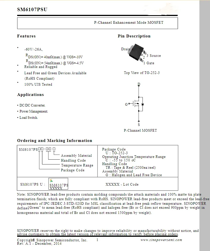 10 pcs/lot  SM6107PSUC-TRG SM6107PSUC  SM6107PS  SM6107 TO-252  -60V/-26A  P-Channel Enhancement Mode MOSFET  100% New original