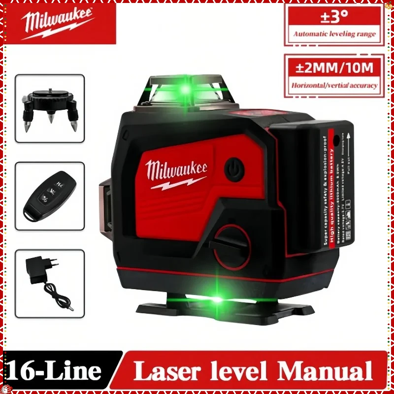 Milwaukee 360° Horizontal And Vertical Cross Green Light Self-Leveling Tools 16 Lines Laser Level 4D Self Leveling Tool