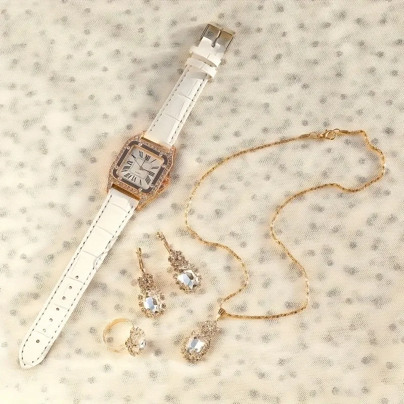 Kegllect-女性の高級ラインストーンクォーツ時計、アナログ腕時計、正方形ポインター、レトロ、5個セット