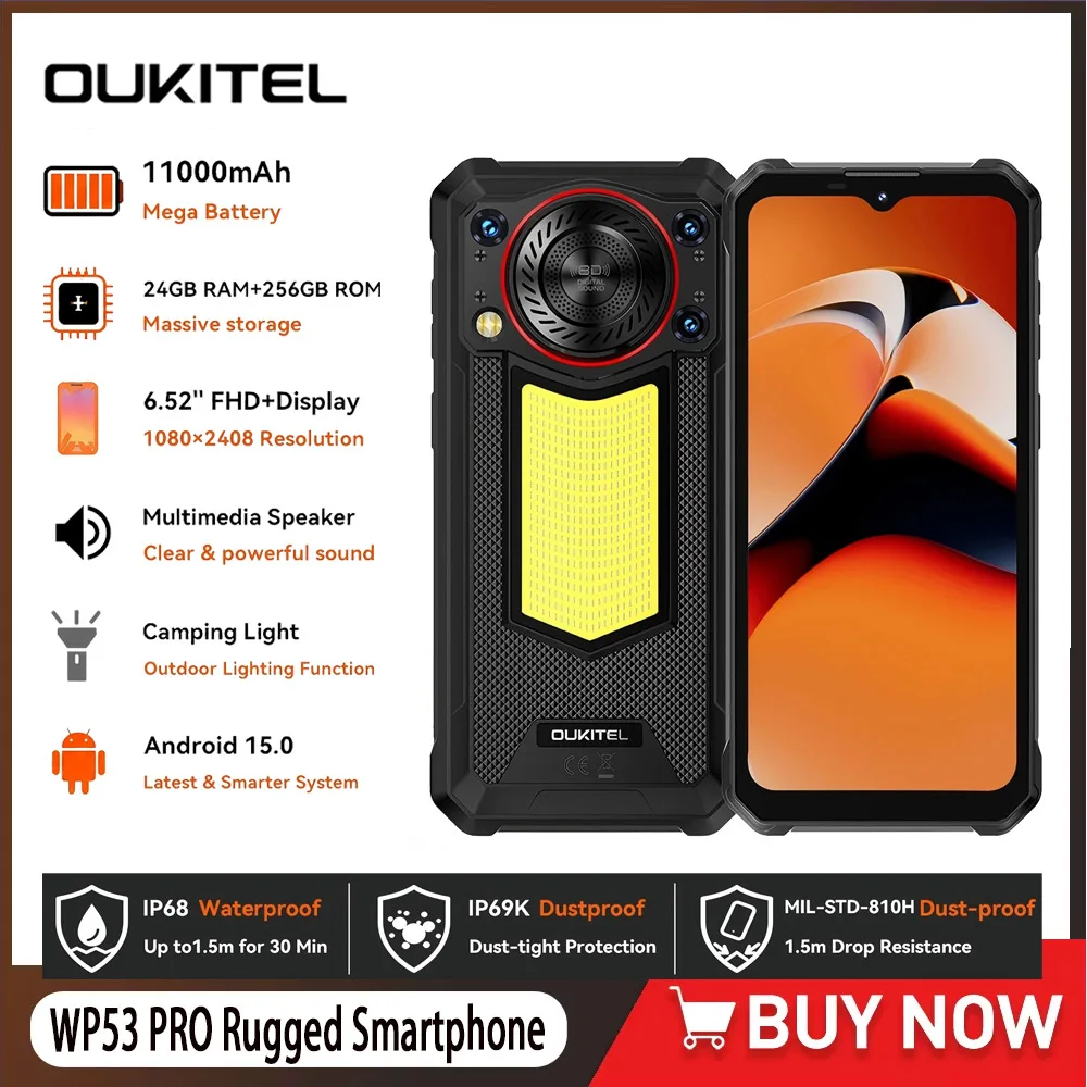 OUKITEL WP53 PRO Rugged Phone 8GB+256GB 11000mAh Battery Android 15 Smartphone 6.52" HD+ Display NFC 50MP Camera IP68 Cell Phone