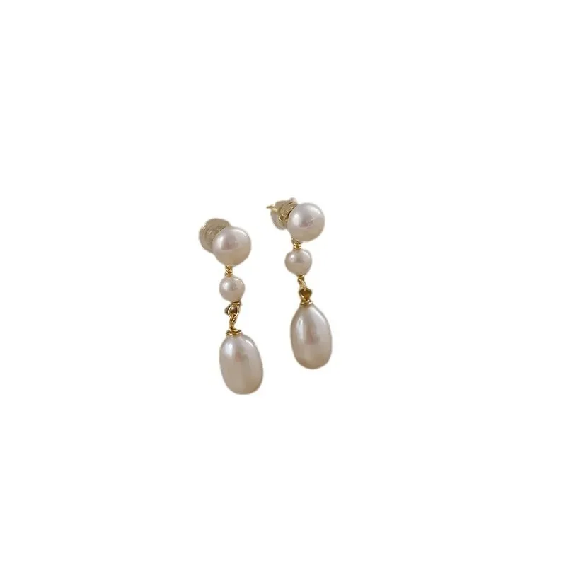Minar High Quality Three Freshwater Pearls Strand Drop Earrings For Women Gold Plated Brass Long Earring Statement Jewelry