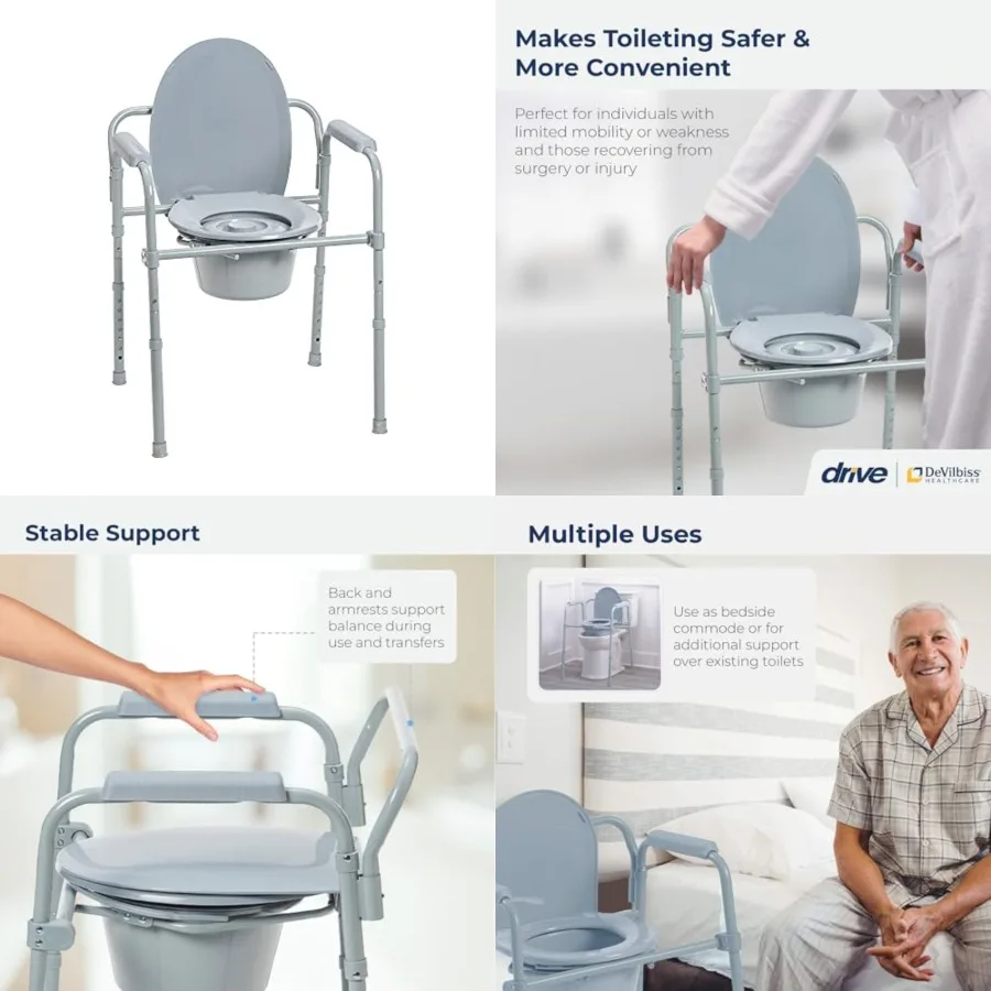 

Drive Medical Folding Steel Bedside Commode Chair - 3-in-1 Portable Toilet - Adjustable Height - 350 Lb Weight Capacity - 7.5 Q