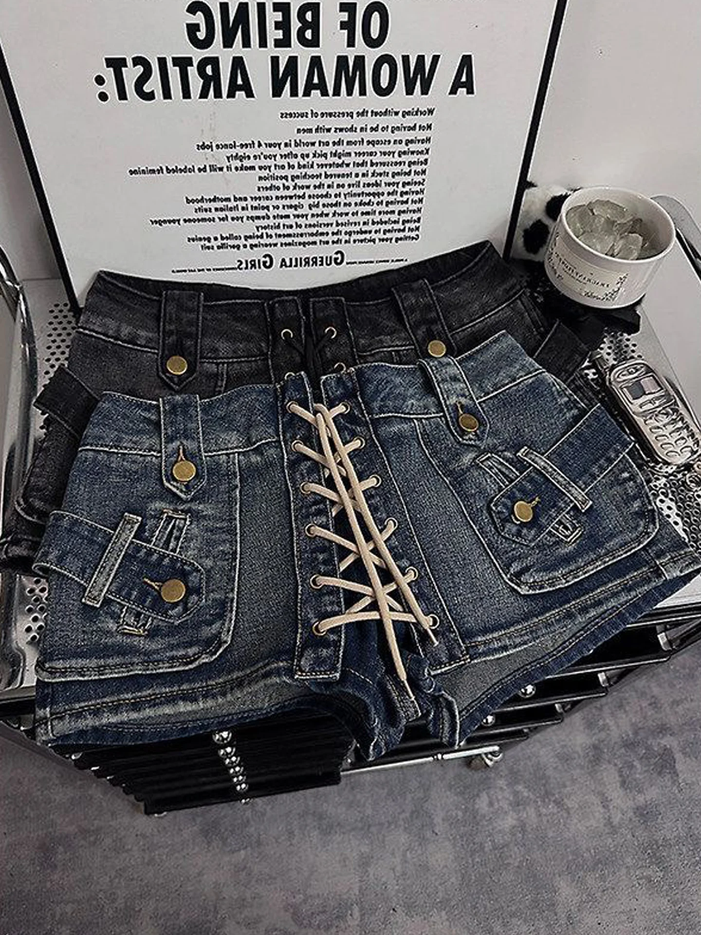 Retro American High Waist Short Jeans Women's A-Line Hot Pants Belt Design Slimming Casual Wide Leg Pants Summer Jeans
