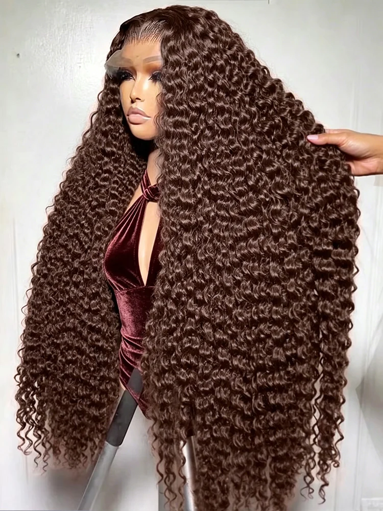 40-42 Zoll Schokoladenbraune Deep Water Wave 13x6 HD Lace Frontal Perücke, gefärbt Braun, burmesische Locken, 13x4 transparente Lace Front Perücke aus Echthaar für Frauen, vorgezupfte Rohhaarperücken,