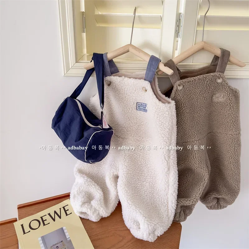 Kid Jumpsuit 2023 Children Winter New Children Korean Version of Lamb Wool and Cashmere Thick Overalls Girls Solid Pants