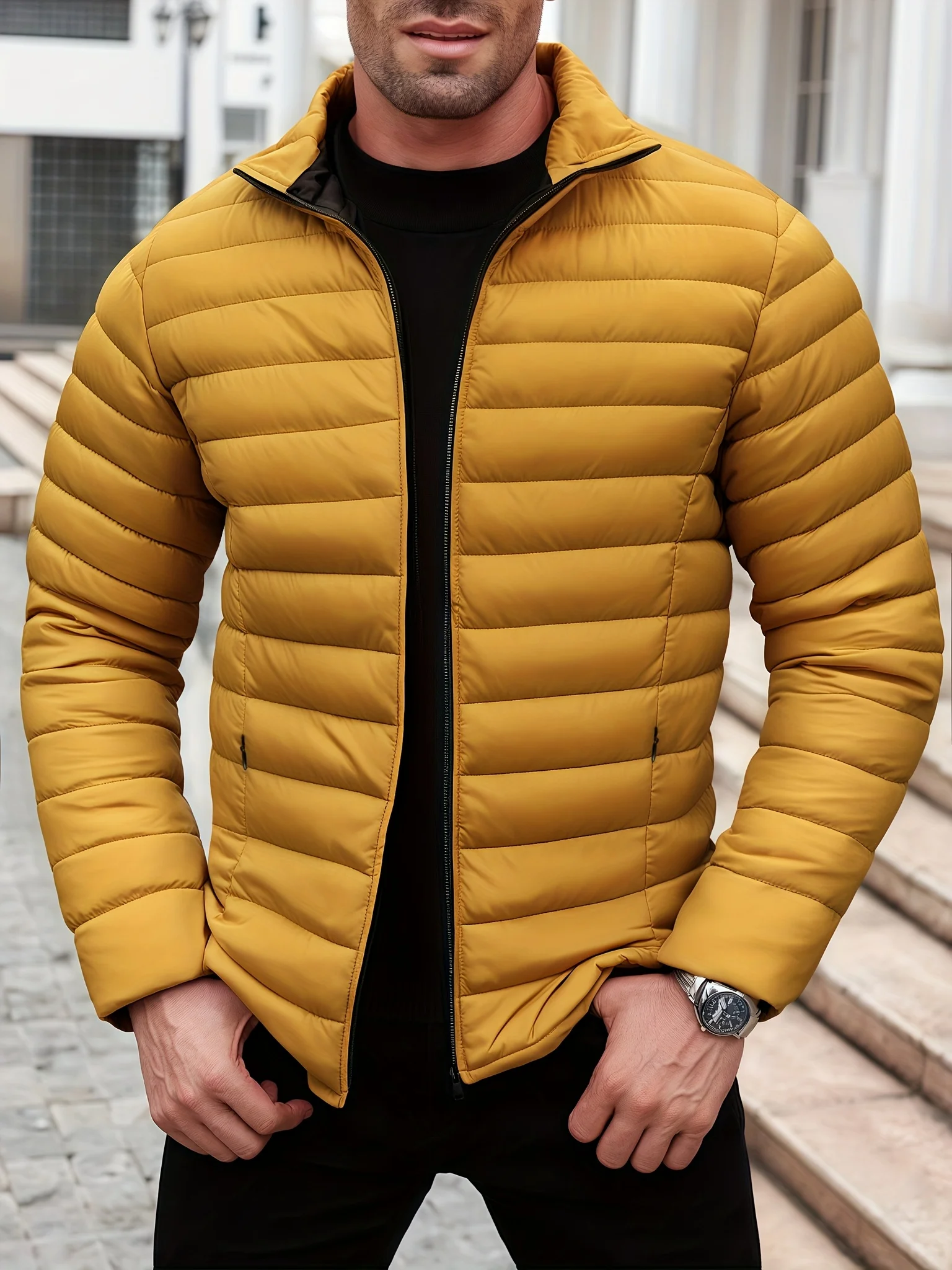 Men Premium Coat Winter Solid Zip Up Stand Collar Padded Jacket Warm Comfortable Fashion Outdoor Leisure Casual Jacket