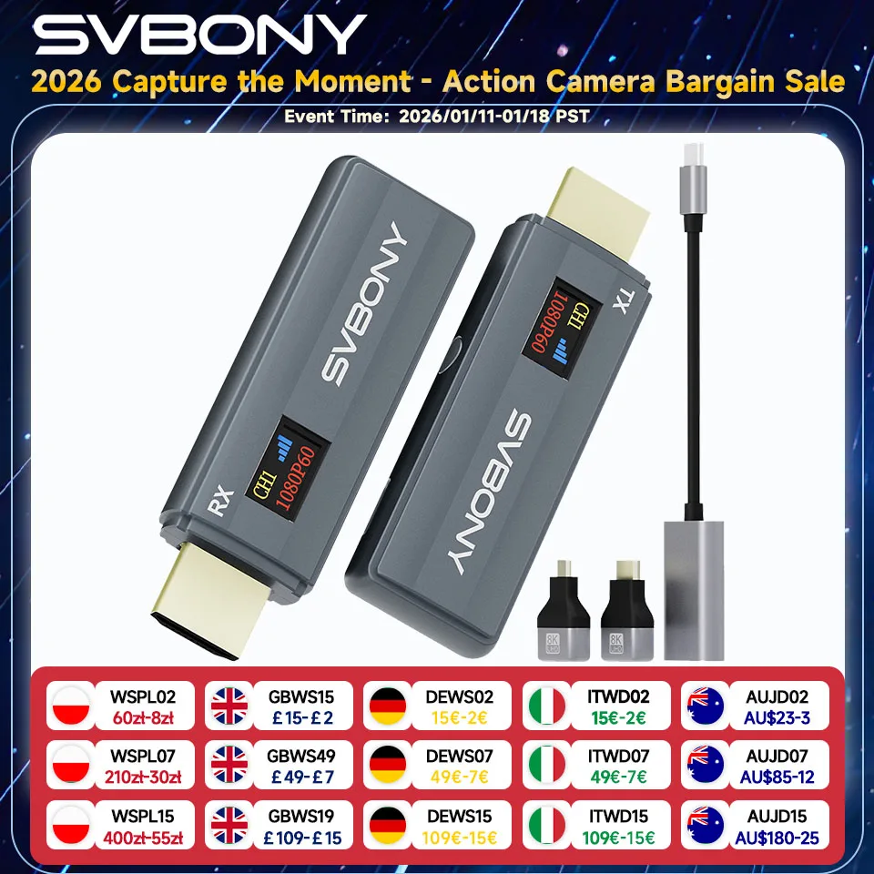 

Svbony ST2 HD Wireless Extender Kit HDMI Transmission System with 0.42”OLED Color Display 5G 1080P Output 50-80m Plug-and-Play