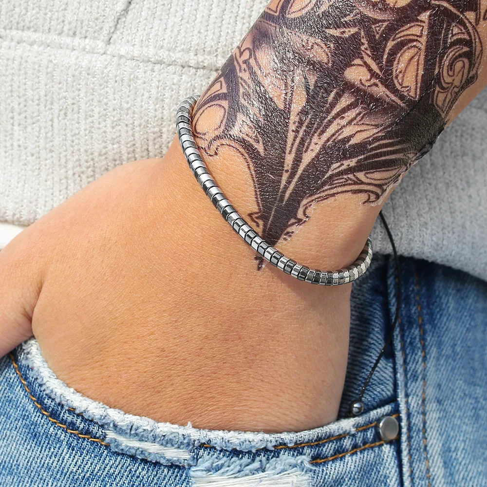 Geometric Creative Black Plated Hematite Handmade Braided Bracelet Adjustable Magnetic Stone Bead Bracelet for Men Anti-Fading