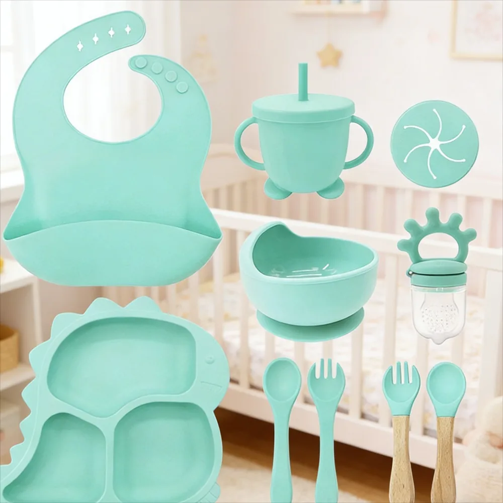 

Набор посуды для малышей с динозавром, пищевая силиконовая миска, тарелка, нагрудник, набор разделенных тарелок для кормления детей