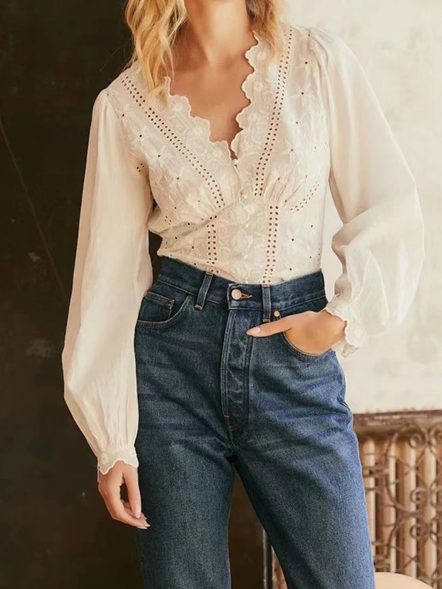 

Solid Hollow Out Embroidery Blouses Cotton V-neck Long Puff Sleeve 2023 Spring Female Blouse Elegant Casual Chic Women Shirts