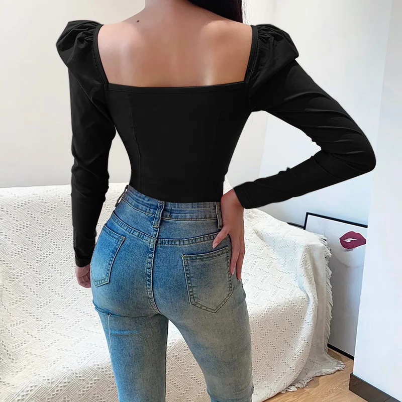 French Style Square Neckline Bubble Sleeve Top With A Casual And Slim Fit Slim Waist And Solid Color Top For Women  93906