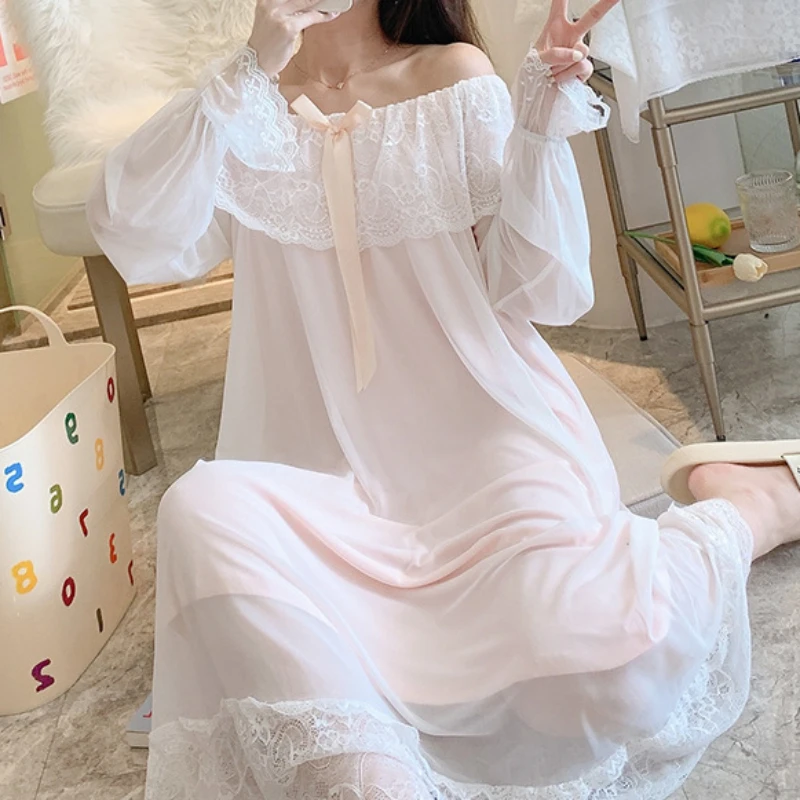 Victorian Vintage Nightgowns Women Princess Sleepwear Spring Autumn Sweet Mesh Sexy Lace Long Sleeve Peignoir Fairy Night Dress