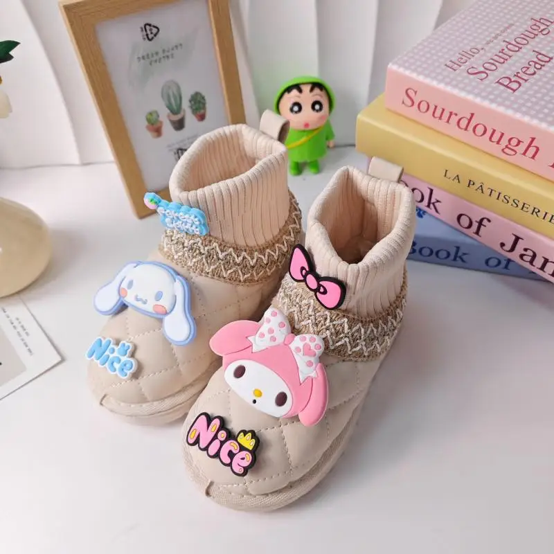 Kawaii Cinnamoroll My Melody Girl Snow Boots Winter New Style Plus Velvet Thicken Cartoon Child Big Cotton Shoes Cotton Boots