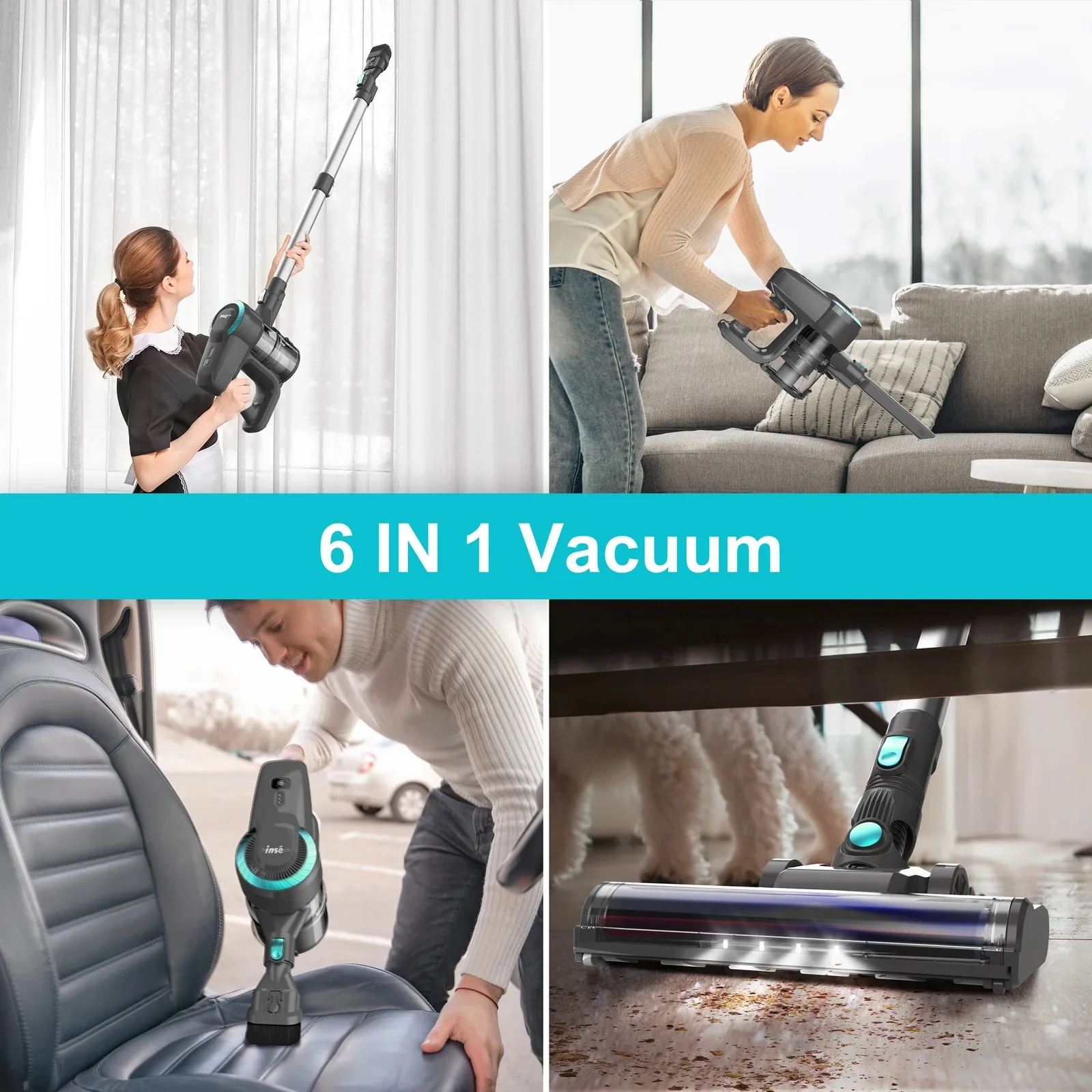 INSE N370 Cordless Vacuum Cleaner 20Kpa Ultra 6 in 1 Lightweight Stick Vacuum Powerful Handheld Vacuum Cleaners for Home Pet Car