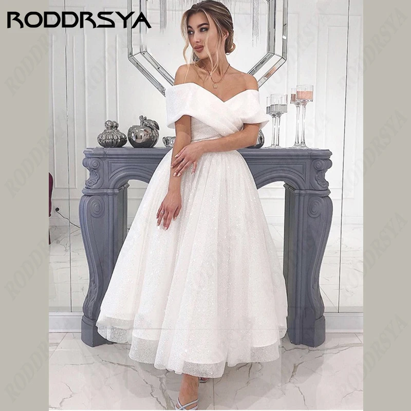 RODDRSYA Glitter Wedding Dress For Women Off Shoulder Shiny Short Bridal Gowns A-Line Tulle Beach Robe De Mariee Sweetheart Boho